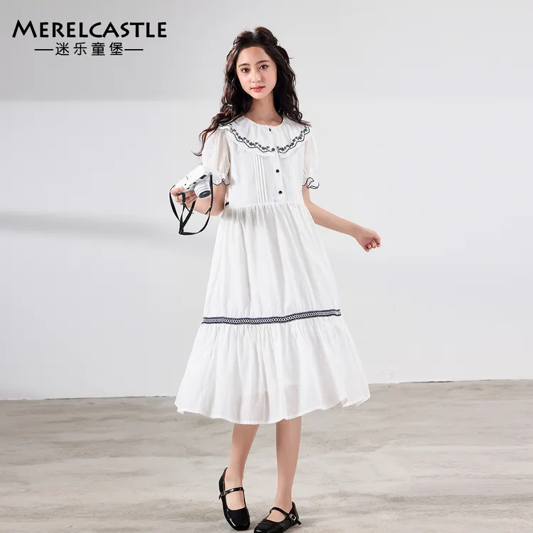C5021女童白色连衣裙夏季2025新款初中生女孩大童高级感夏装裙子