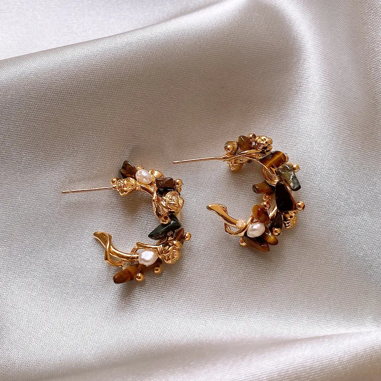 铜合金耳饰 美拉德虎眼石C圈耳环女款轻奢高级感秋冬耳圈气质耳饰