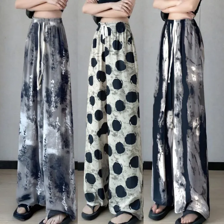 冰丝水墨大码女夏季高腰显瘦垂感冰雪丝扎染国风休闲裤防蚊防晒