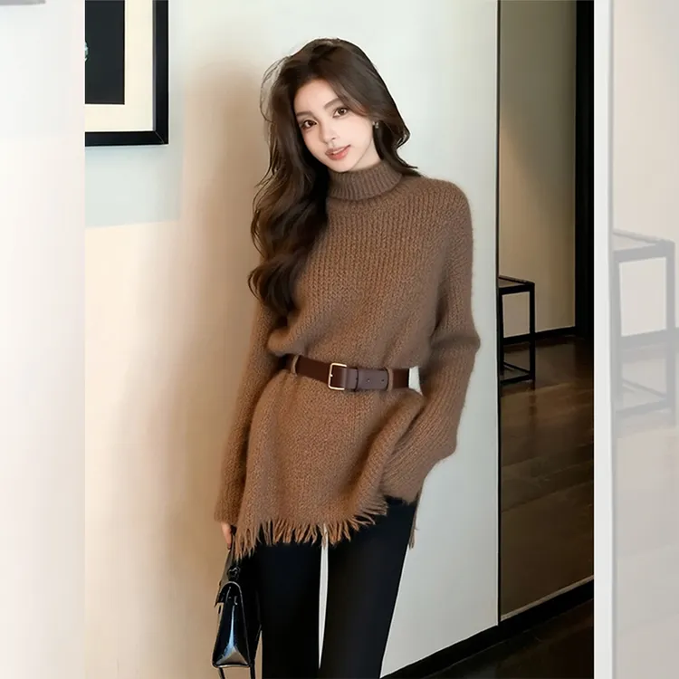 别致独特漂亮咖色半高领小衫毛衣女装秋冬洋气高贵针织衫百搭上衣