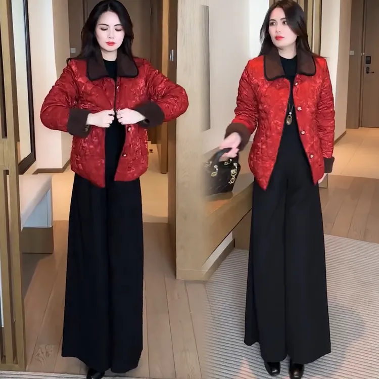 时尚夹棉短款外套女今年冬季新款拼接翻领减龄显瘦妈妈装夹棉外套