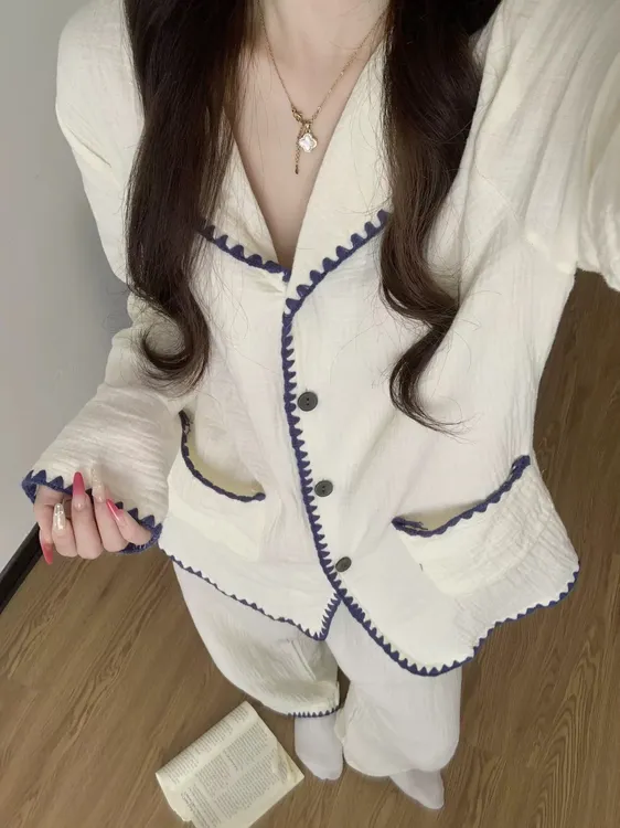 【极简纯色】慵懒风长袖棉纱睡衣女春夏新款大码显瘦长裤套装家居服