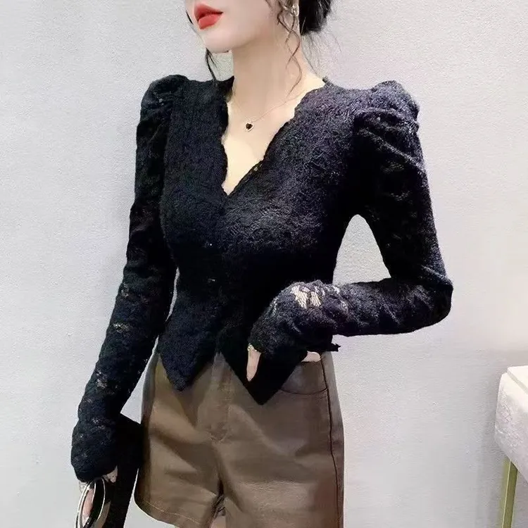 大码加绒蕾丝打底衫秋冬纯欲风蕾丝衬衣上衣气质ins网红百搭