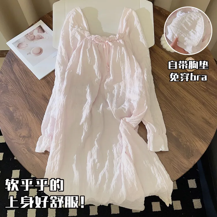 梭织棉睡裙女春秋季长袖带胸垫甜美方领中长款少女睡衣秋冬家居服
