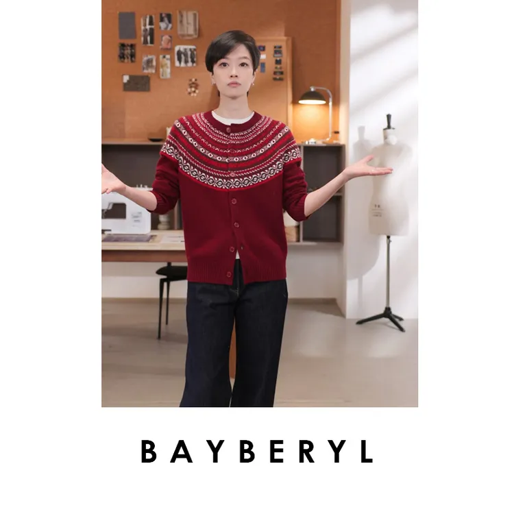  BAYBERYL老贝小幸运*费尔岛氛围提花圆领针织衫9ZZS5K2941-12/3