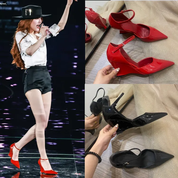 露思同款红色尖头高跟鞋中空坡跟鞋浅口绑带黑色一字带女鞋