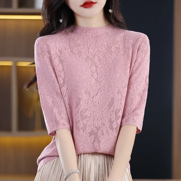 哥弟阿玛施正品2025夏季新款蕾丝镂空钩花五分袖圆领气质时尚短袖