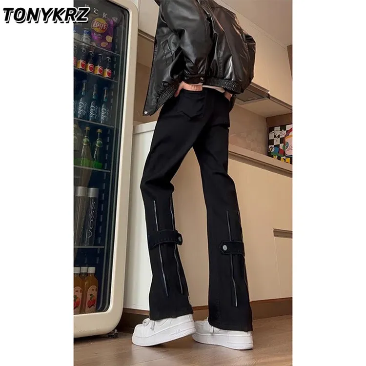 TONYKRZ黑色直筒工装牛仔裤男拉链设计感裤子美式vibe弯刀微喇裤