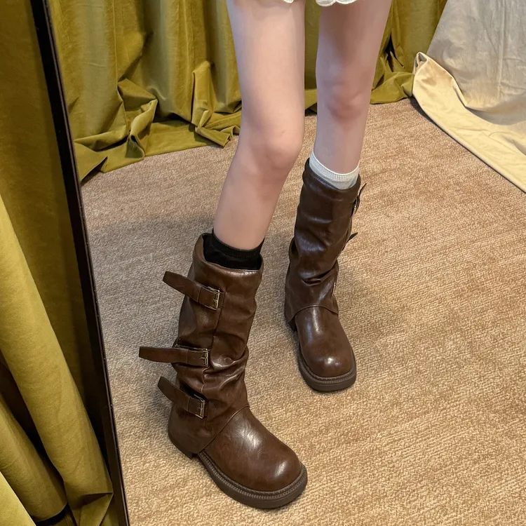 贾不假靴子女款2025新款夏季流行复古美拉德显瘦粗跟英伦风骑士靴