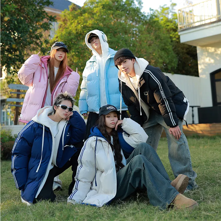 2025新款男装情侣三条杠棉衣假两件潮牌高品质宽松针织连帽棉衣男