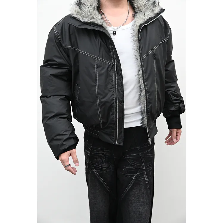 vintage冬季座山雕重磅毛领明线PU短款夹克棉服宽松加厚休闲外套