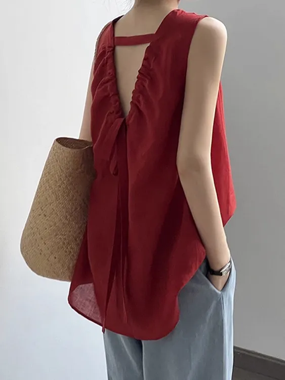 韩系红色宽松无袖衬衫女2025年夏季设计感蝴蝶结绑带露背纯欲上衣