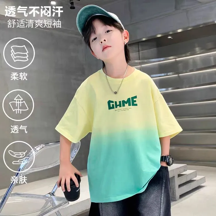 舒适慵懒~吊染短袖2025新款休闲夏中大童撞色上衣潮T半袖9178