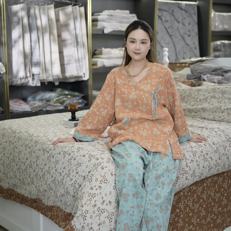 【蓝橘富贵】100%纯棉双层纱A类全棉女士中国风碎花睡衣套装