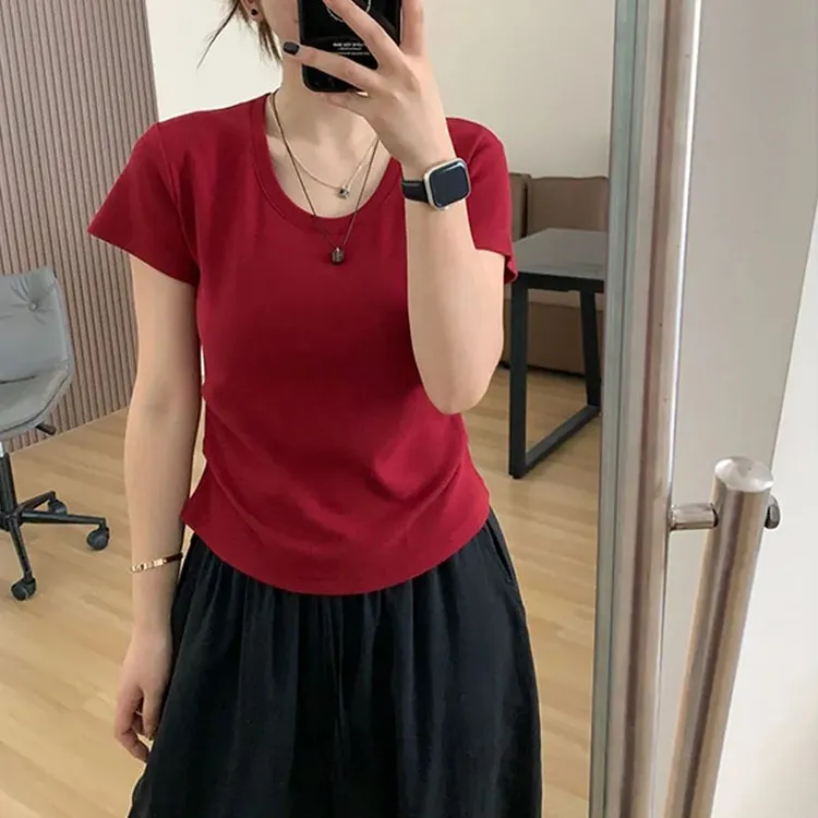 特大码200斤气质小众U领正肩短袖t恤女夏季新款百搭时尚上衣ins潮