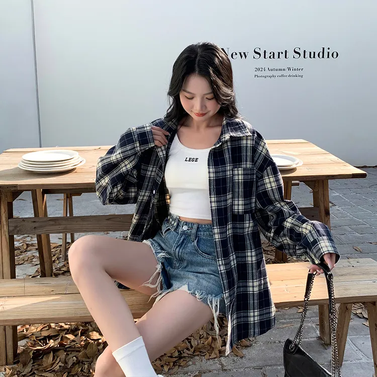 幂式穿搭秋时尚加绒格子衬衫男女中性慵懒风衬衣复古宽松开衫外套