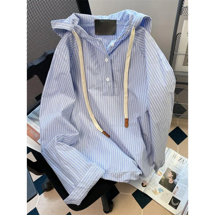 大码300斤日系蓝色条纹连帽衬衫卫衣男女春秋季宽松复古外套上衣