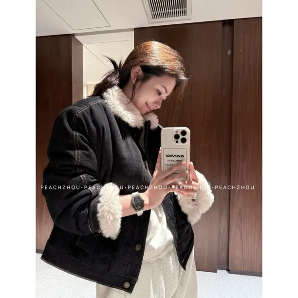 PEACHZHOU 丹宁水洗毛领宽松系扣牛仔外套美式休闲保暖利落夹克