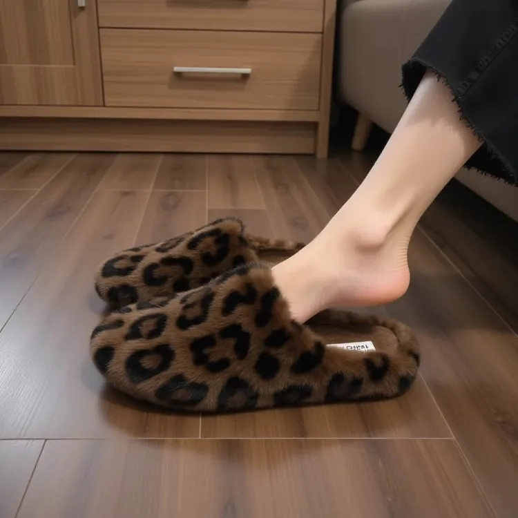 【水貂绒】豹纹毛毛拖鞋女秋冬季外穿高级感一脚蹬孕妇懒人包头半拖