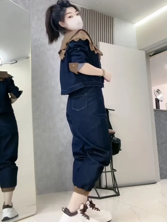 高端洋气女神范休闲套装2025秋季宽松牛仔蕾丝上衣+阔腿裤漂亮