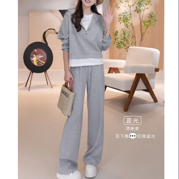 新款休闲时尚百搭套装烫钻假两件长袖卫衣+阔腿休闲裤两件套8879