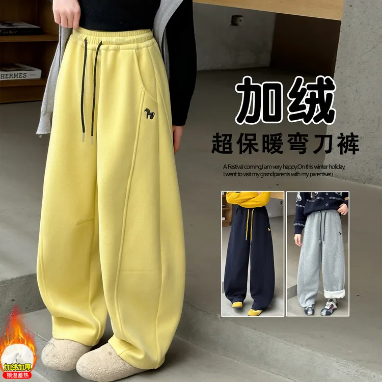 女童加绒裤子秋冬款女大童韩系洋气加厚卫裤女孩初中生冬季运动裤