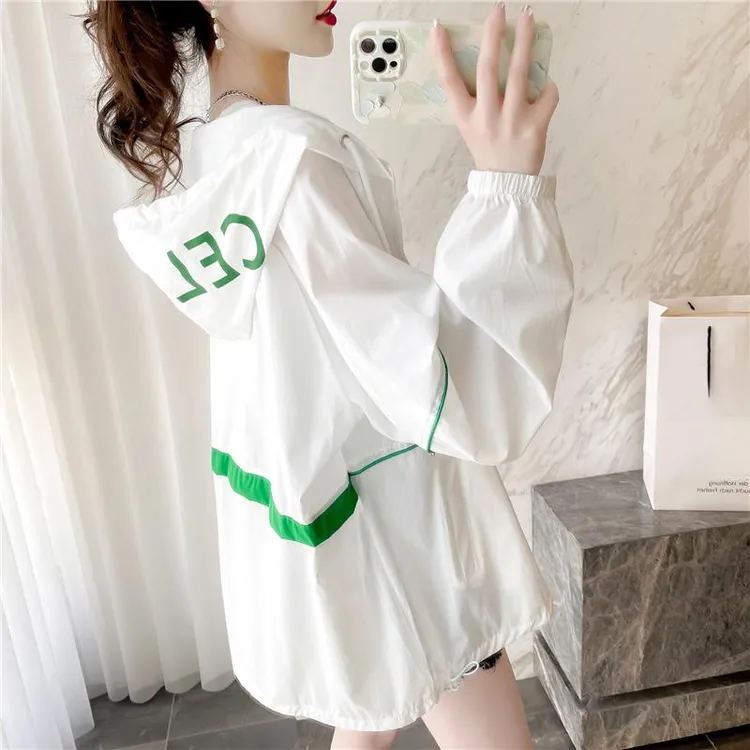 感薄款透气连帽防晒服女外套夏季大码宽松中长款防紫外线上衣