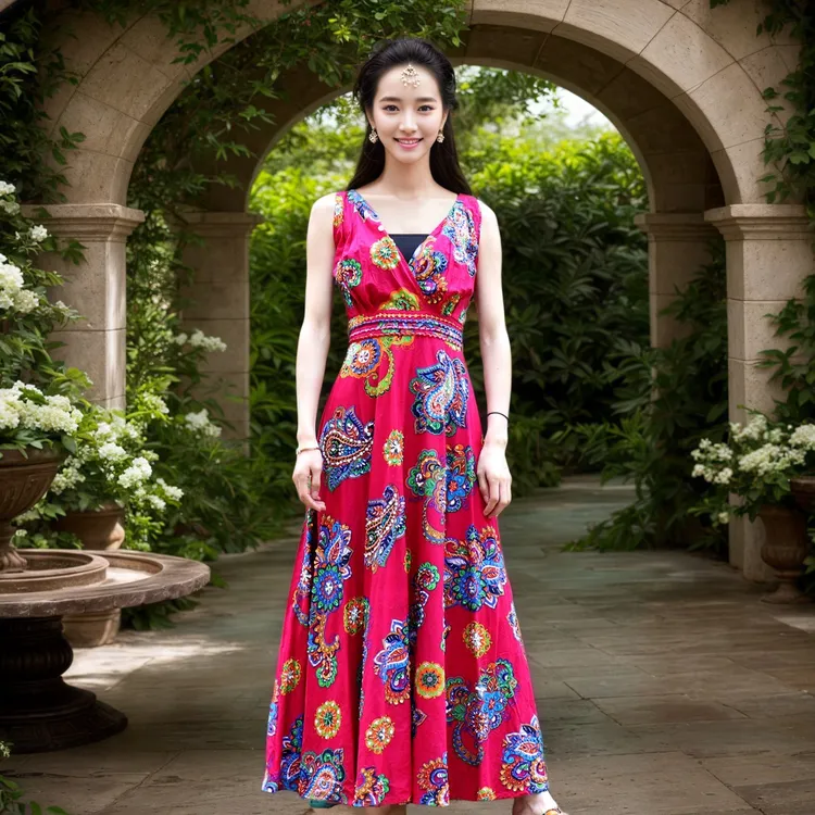 民族风钉珠长裙吊带复古挂脖式连衣裙常规印花高腰显瘦气质长款