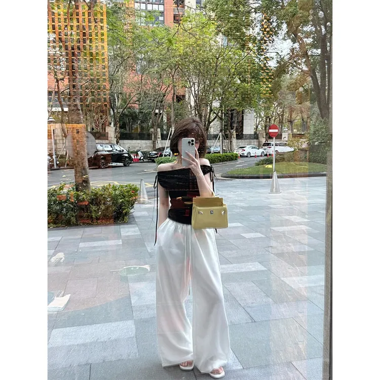 韩系新款休闲百搭设计感飘带一字肩上衣高腰直筒宽松阔腿裤套装女