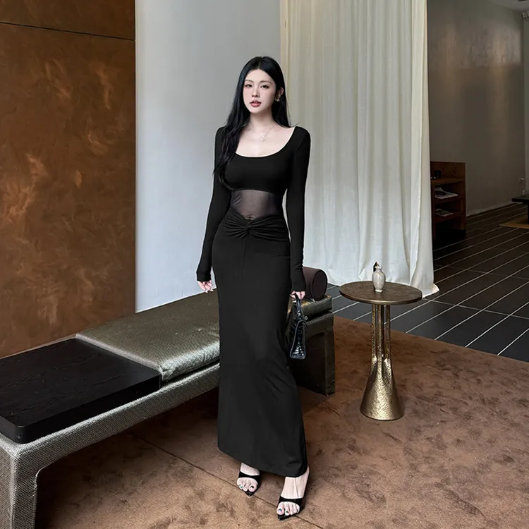 运补6-8 纯欲风气质修身显瘦连衣裙黑色礼服秋冬内搭打底长裙新款