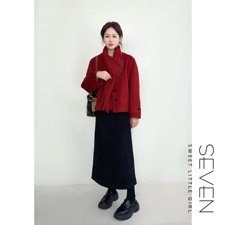 ⑦七七146小个子法式灯芯绒肌理感黑色半身裙女秋冬新款小美说