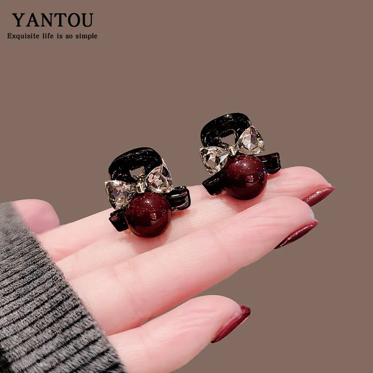 高级感精致蝴蝶结闪钻发抓复古红色豆豆小发抓公主头编发鲨鱼夹子