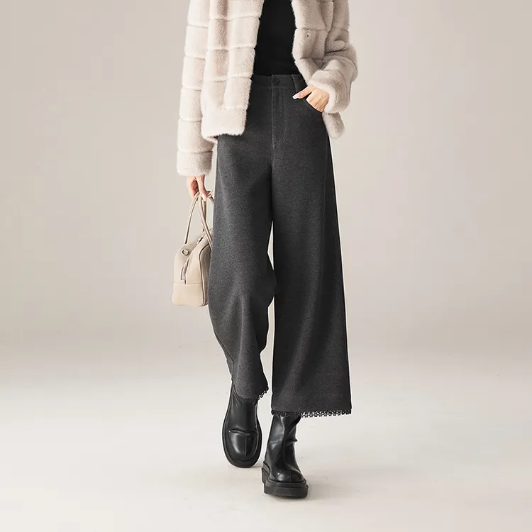 索菲丝尔2025冬新款加厚桑蚕丝羊毛蕾丝拼接九分阔腿毛呢裤541067