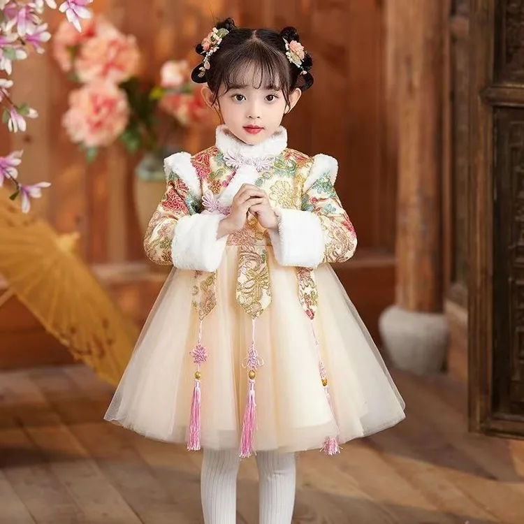 汉服女童加绒冬天裙子女宝加厚拜年服新款女孩冬装儿童唐装连衣裙