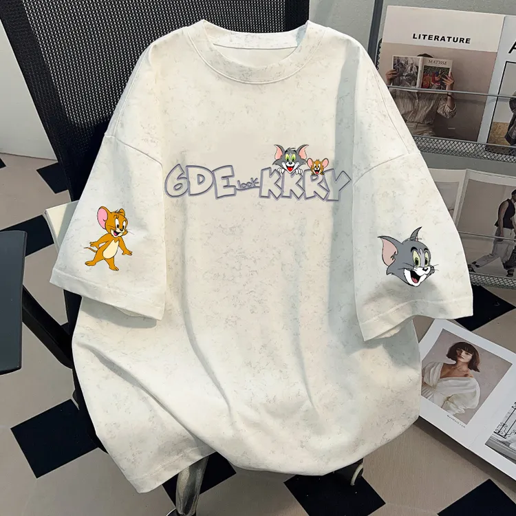 100%纯棉美式潮牌个性水洗扎染短袖T恤男女夏季卡通印花休闲上衣