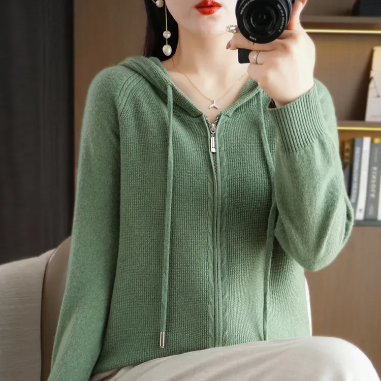 连帽衫慵懒风连帽针织衫长袖打底毛衣秋冬季新款女装休闲拉链外套