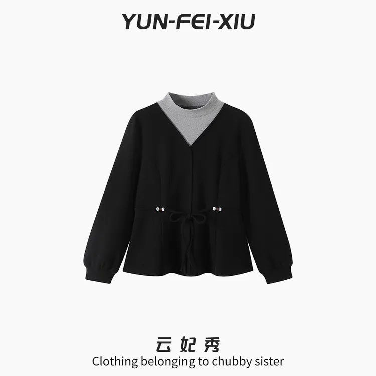云妃秀大码女装卫衣半高领撞色时尚宽松显瘦胖妹妹假两件冬68789