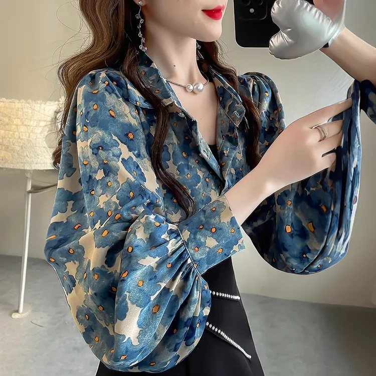 2025春季新款时尚设计感小众碎花上衣气质雪纺衬衣显瘦灯笼袖衬衫