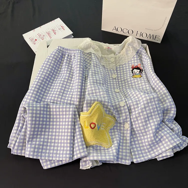 睡衣女春秋季空气棉夹层2025新款长袖大码蓝格女孩套装冬天家居服