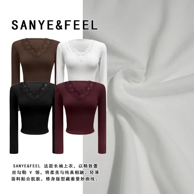 sanye&feel/妍三也【财阀千金】加绒新款法式蕾丝边长袖修身54087YX