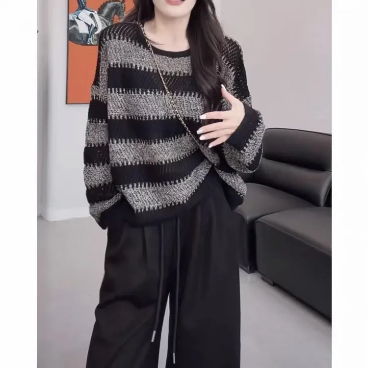 设计感镂空条纹圆领长袖毛衣女2025秋季新款落肩百搭休闲针织上衣