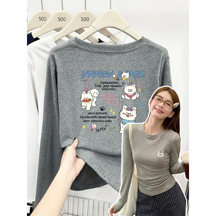 品质秋冬前后小狗正肩长袖t恤女大码女胖mm高弹力修身大码上衣ins