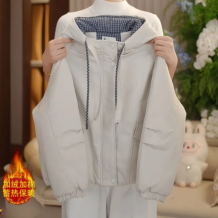 女童加绒加棉棉服秋冬2025新款格子连帽二棉冲锋衣加厚一体绒外套