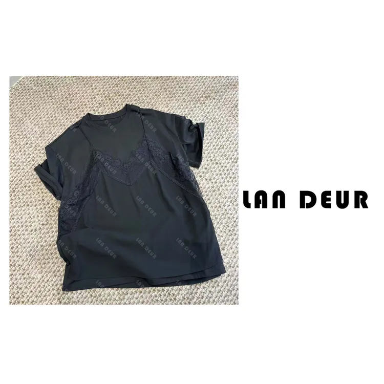 【半岛美术馆】蕾丝假两件气质时尚休闲黑色重工短袖T恤女上衣