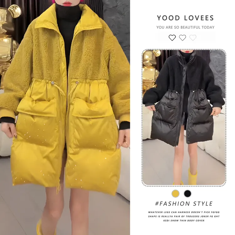 2025冬季新款时尚拼接毛毛棉服宽松保暖百搭保暖加厚中长款外套女