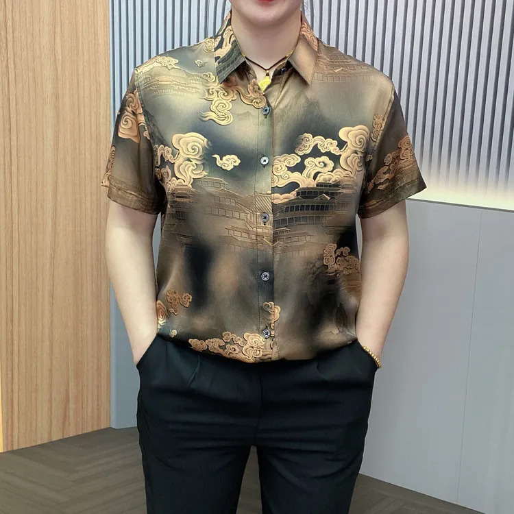 【桑蚕丝】夏季男士新款重磅真丝天然桑蚕丝金色祥云短袖百搭衬衫