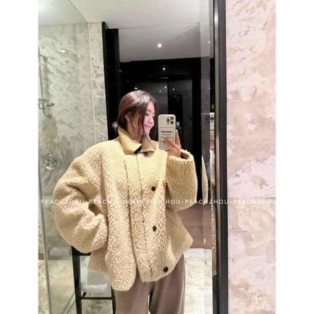 『PEACHZHOU』羊毛颗粒针织拼接翻领宽松拉链外套休闲保暖廓形夹克