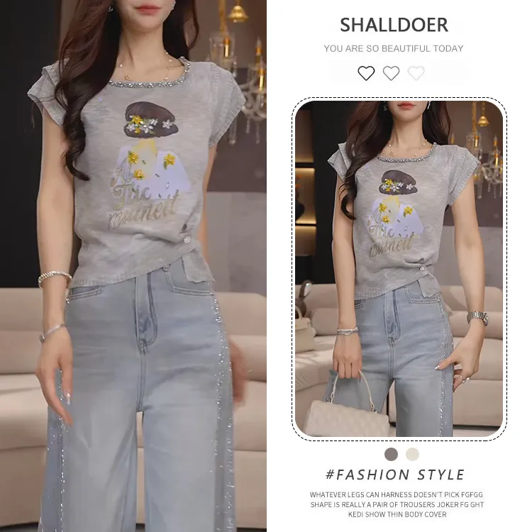 法式重工方领串珠冰丝短袖t恤女夏季新款收腰显瘦时尚体恤上衣潮