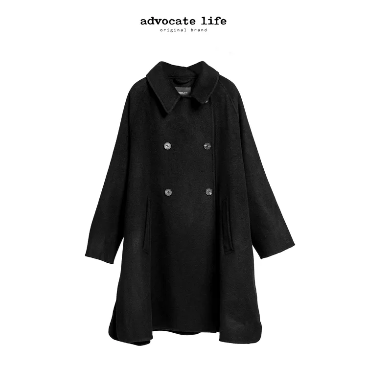 生活主张 Advocatelife气质时尚黑色大衣双面毛呢外套HQ372348