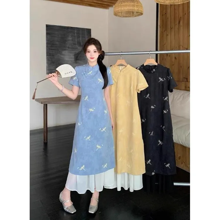微胖新中式国风假两件改良旗袍连衣裙女夏季新款大码遮肉显瘦裙子